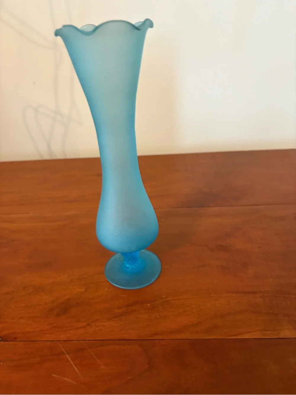 Vintage Frosted Blue Satin Art Glass Bud Vase Ruffled Scalloped Rim 8”